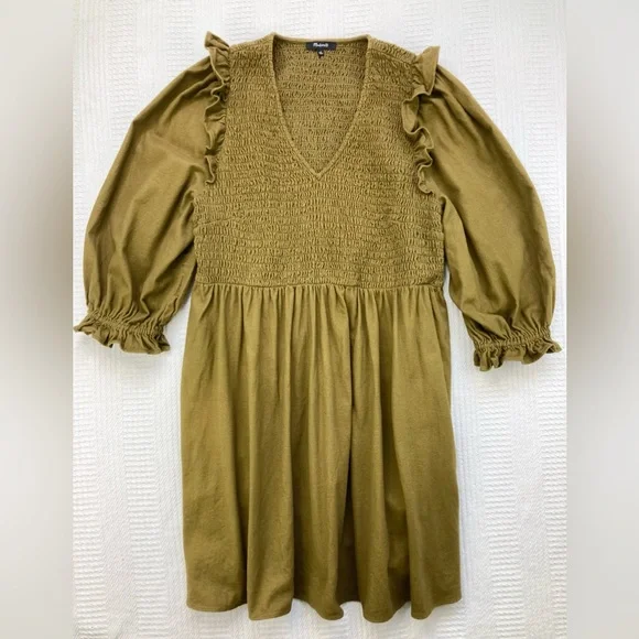 Madewell Dress Flannel Lucie V-Neck Smocked Mini Dress Weathered Olive Size 2X - Picture 4 of 16